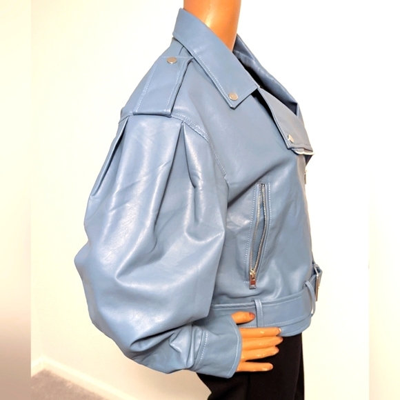Blue Faux Leather Moto Jacket - Picture 3 of 4